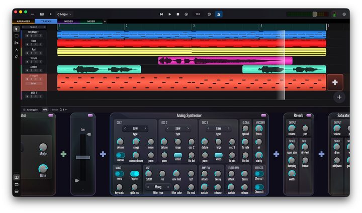 The Skene DAW view on macOS — clip-based MIDI and audio tracks, an instrument rack, and the timeline.
