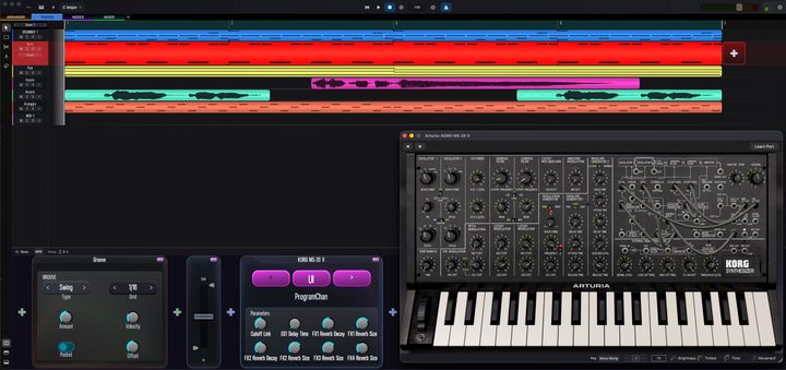 A DAW track hosting an AUv3 plug-in alongside Skene's built-in devices (macOS).