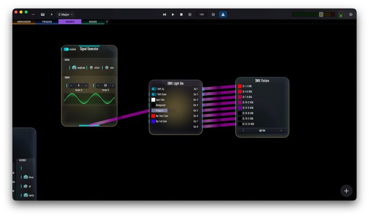 DMX components in the node view — the DMX Fixture and Light Bar nodes driving stage lighting (macOS).