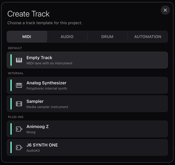 The Create Track dialog used to add a new track to the DAW.