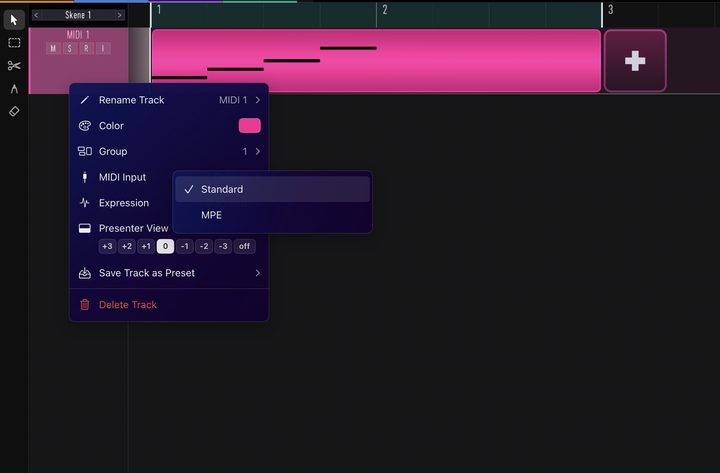 MIDI track settings, opened from the sidebar. They include the track name and the expression mode: Standard or MPE.