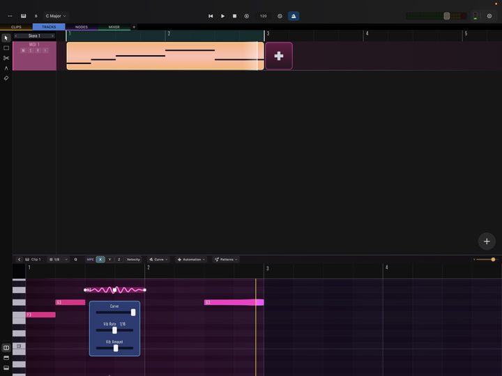 In MPE mode you can edit the X, Y, and Z parameters for each note. By default X is pitch, Y is cutoff (CC 74), and Z is velocity. With MPE data points you add pitch bends and vibrato.