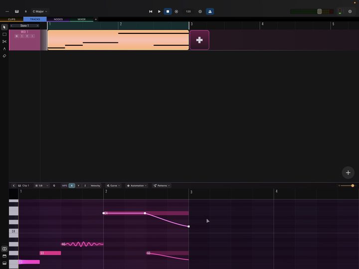 An MPE pitch curve with two edit points and a vibrato effect on one note.