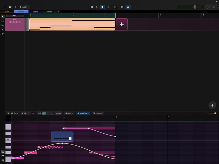 Editing global automation curves such as modwheel, sustain pedal, and CC values.