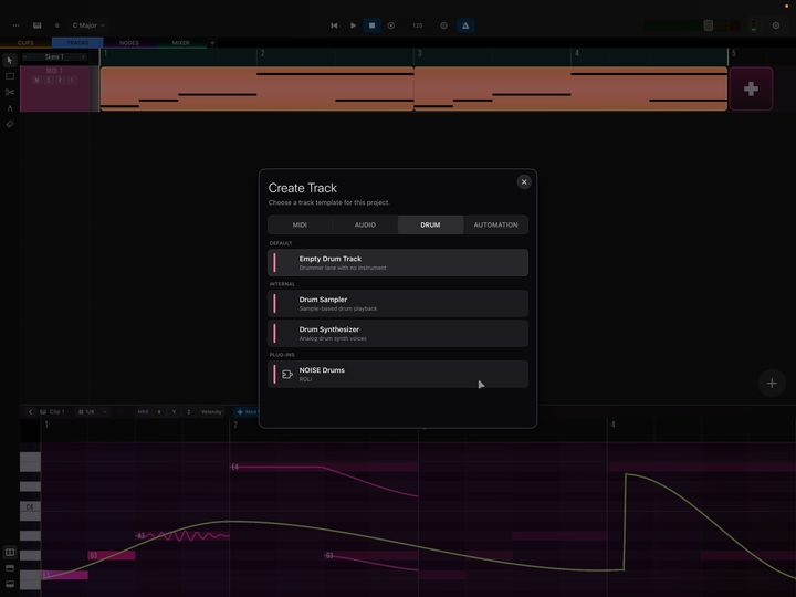 Drum track presets create template-based drum tracks using the built-in drum synthesizer, the drum sampler, or an AUv3 plug-in.