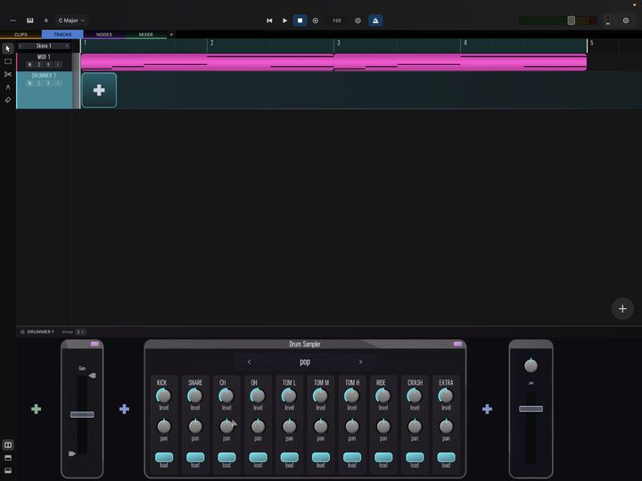 The drum sampler with slots for loading custom samples from WAV audio files.