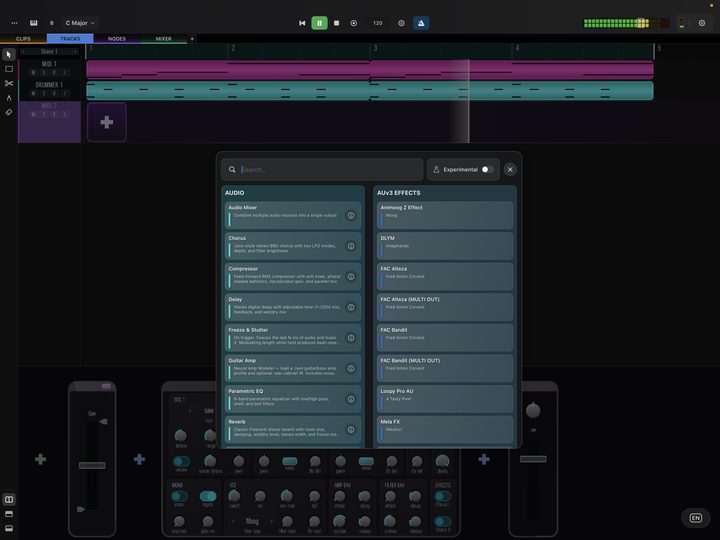 The DAW rack view. The plus button between the instrument and the channel volume control inserts an audio effect.