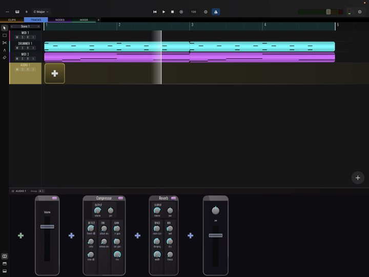 A simple audio track with a vocal processing chain added.