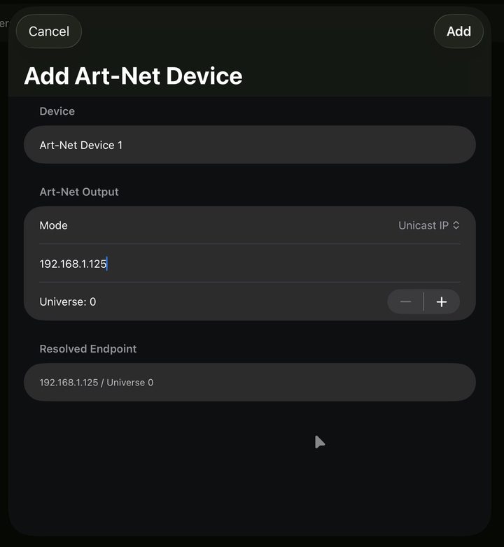 Adding an Art-Net device in unicast mode.