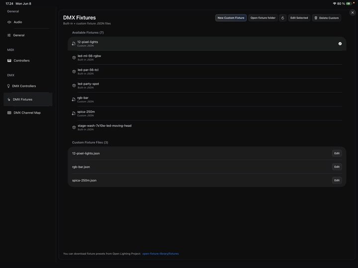 The DMX fixture view, where you add your DMX device configuration.