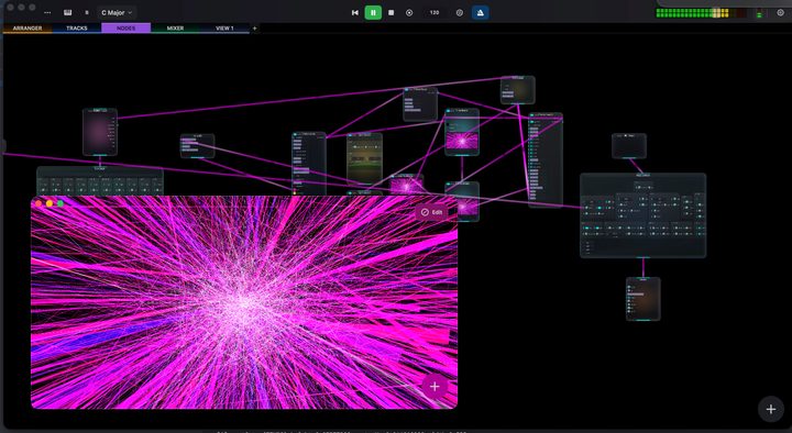 Using node graphs to modulate visual effects from music and MIDI input.