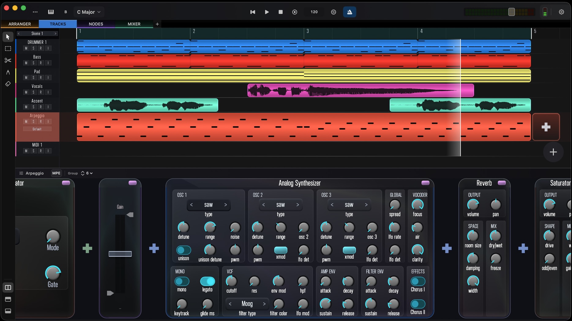 Skene running on Mac &mdash; DAW tracks with the analog synth and effects rack