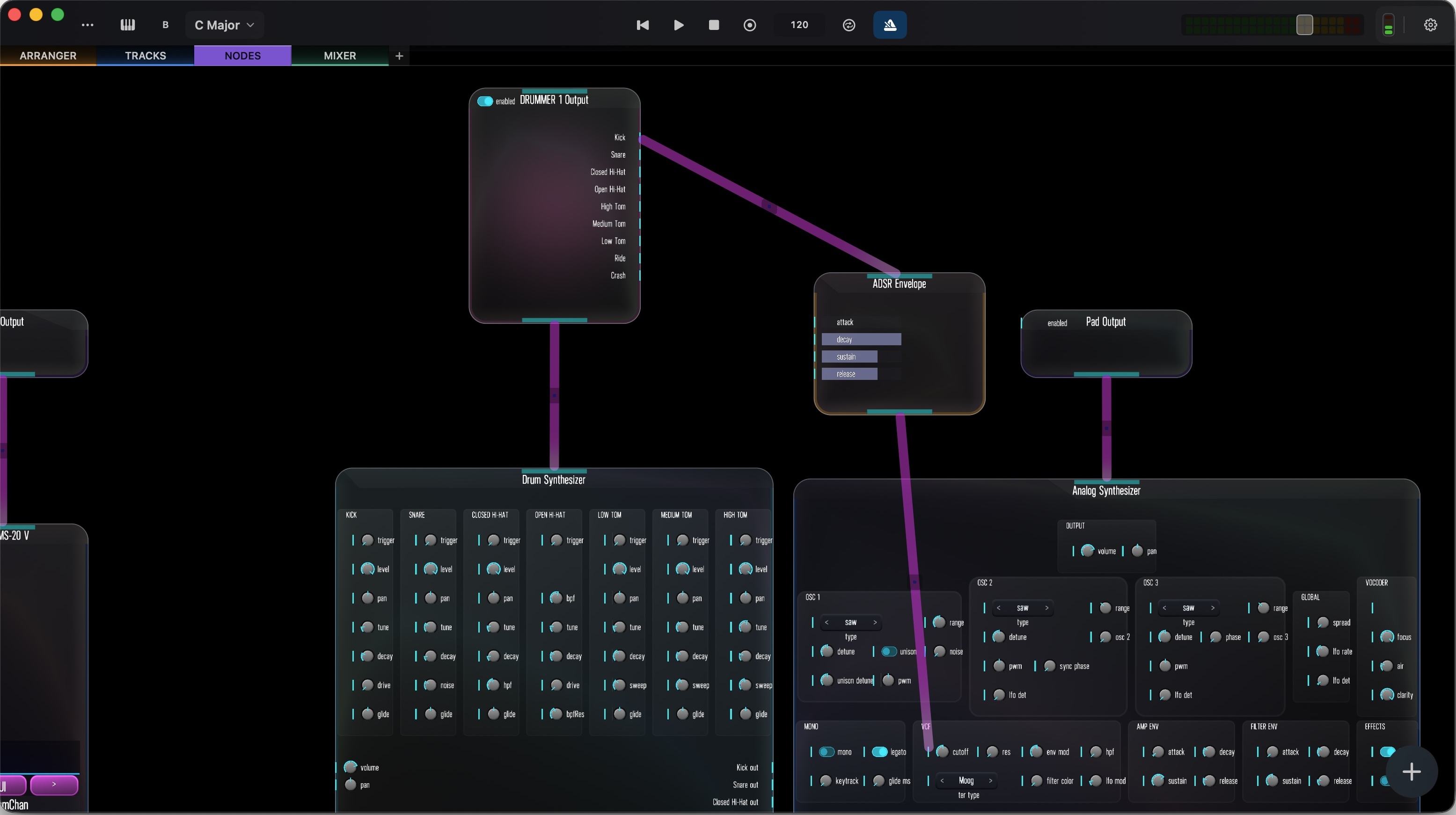 Skene node graph &mdash; instruments, effects, and modulation patched as connected nodes